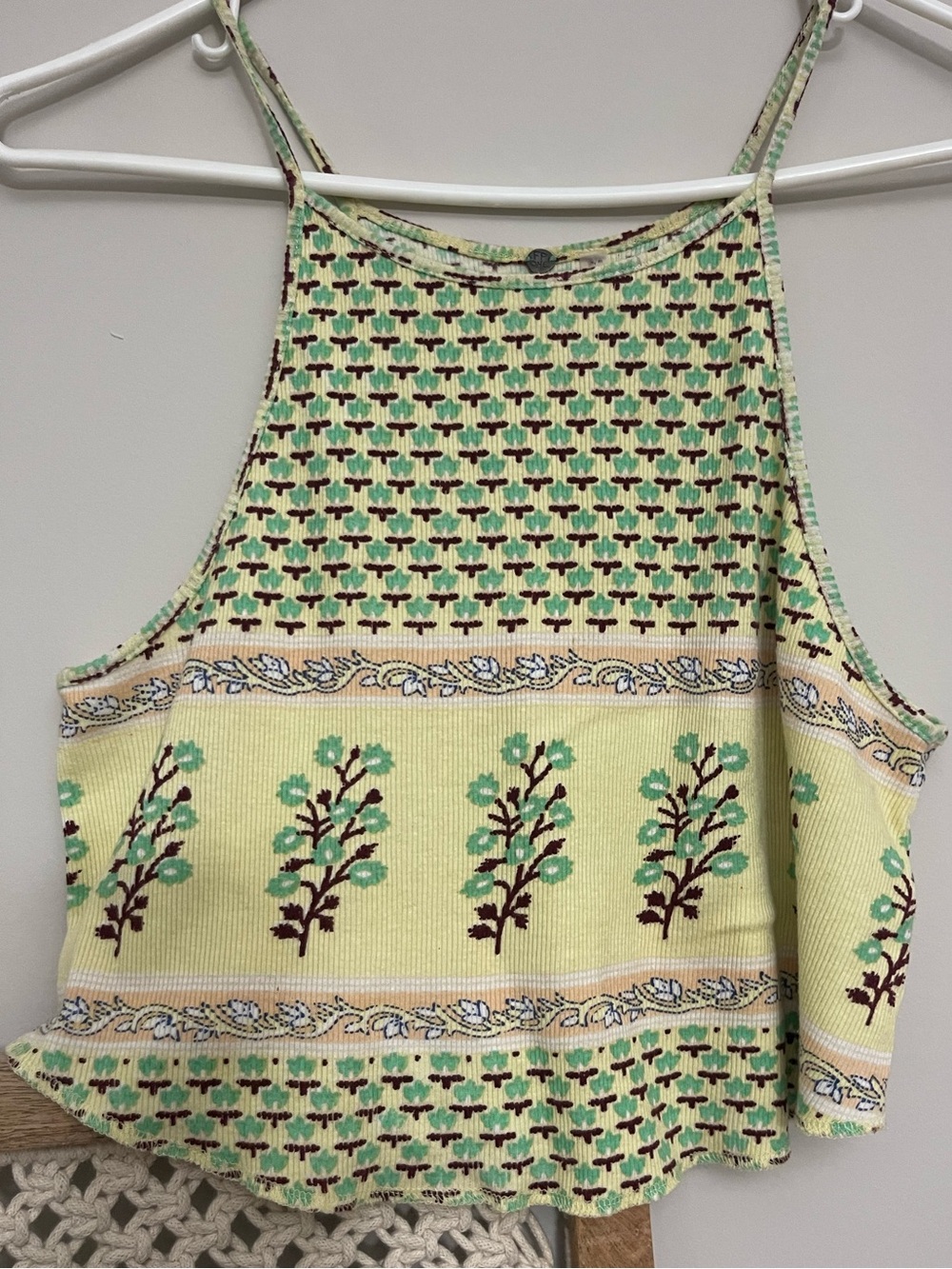 Free People FP ONE Yellow Floral Knit Ribbed Tank Top Size Medium